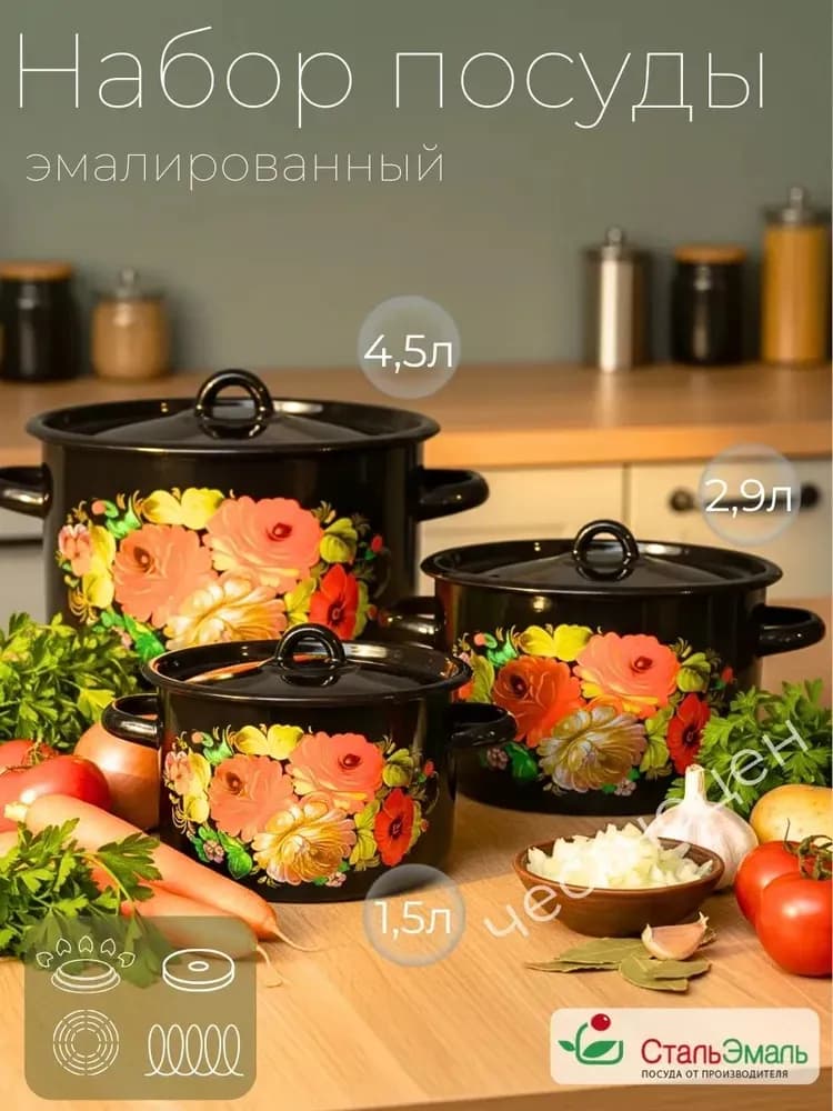 Набор № 33 "Жостово" (к. 1,5;2,9;4,5л) черн